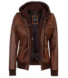 MEN'S BROWN LEATHER BIKER STYLE JACKET WITH HOODED