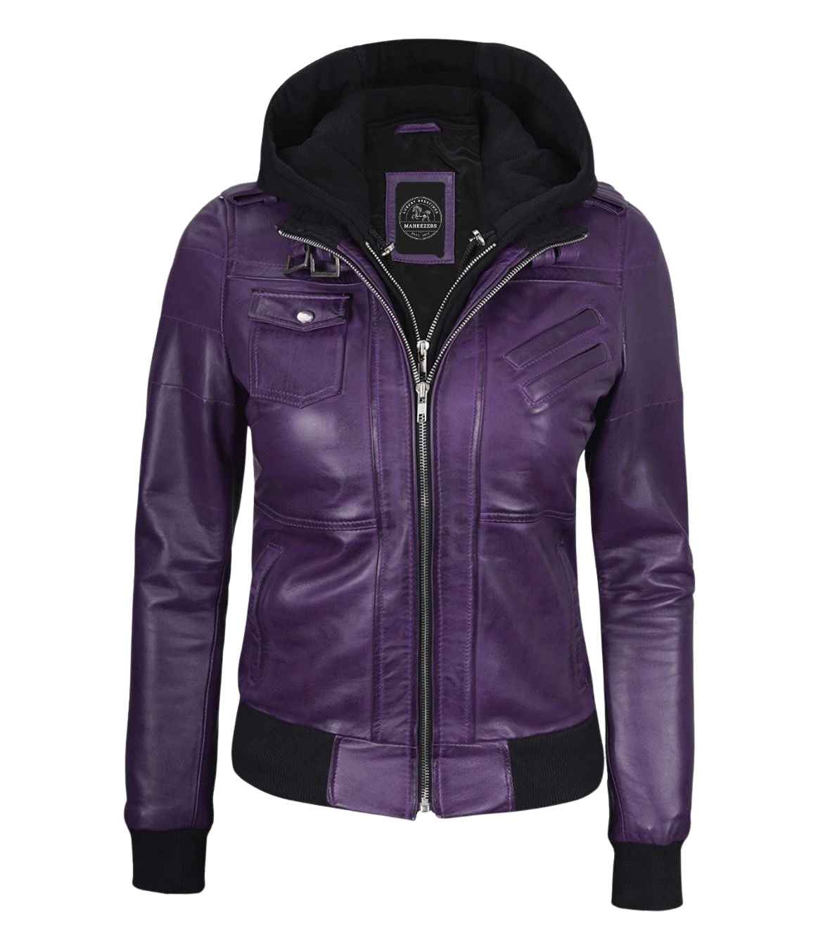 MEN'S PURPLE LEATHER BIKER STYLE JACKET WITH HOODED