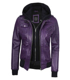 MEN'S PURPLE LEATHER BIKER STYLE JACKET WITH HOODED