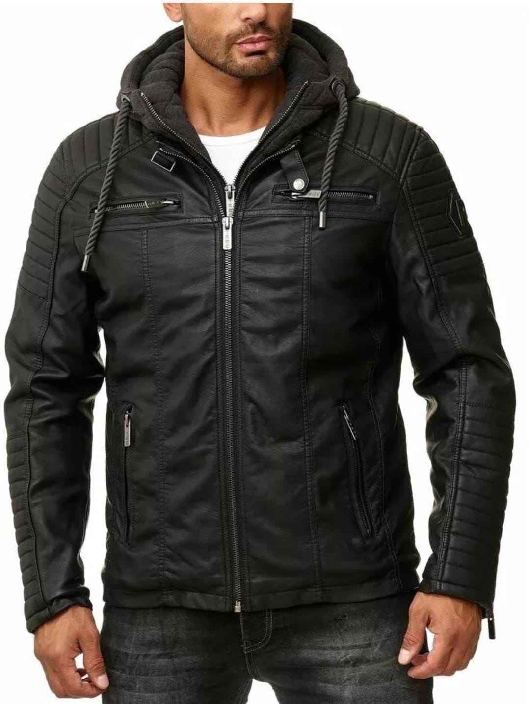 MEN'S BLACK HOODED QUILTED LEATHER JACKET