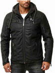 MEN'S BLACK HOODED QUILTED LEATHER JACKET