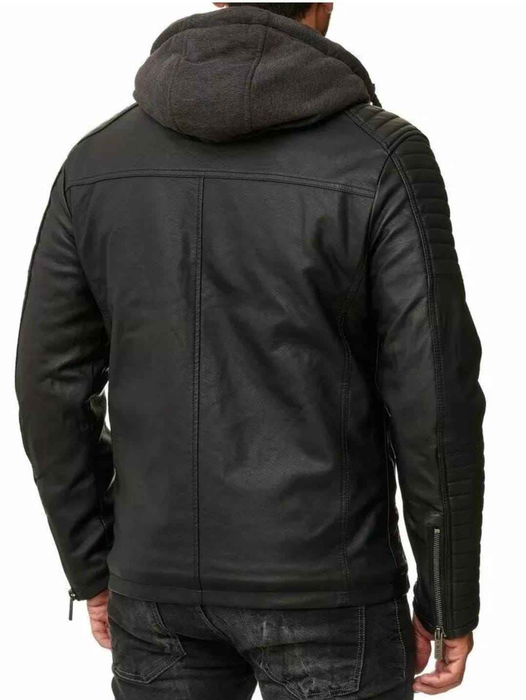 MEN'S BLACK HOODED QUILTED LEATHER JACKET