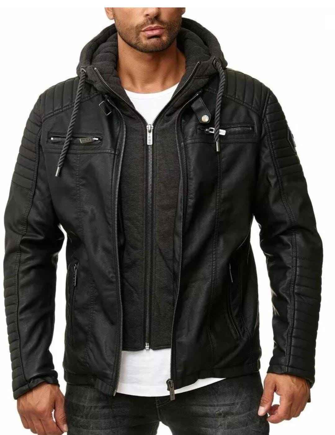 MEN'S BLACK HOODED QUILTED LEATHER JACKET