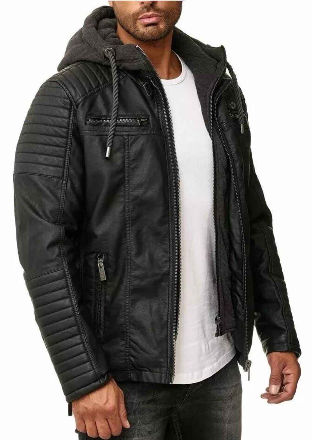 MEN'S BLACK HOODED QUILTED LEATHER JACKET