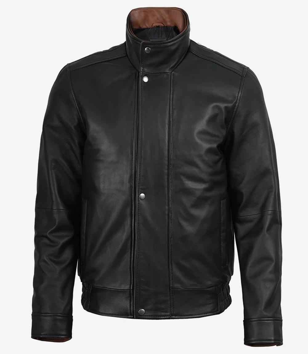 MEN'S BLACK & COGNAC HIGH COLLAR LEATHER JACKET