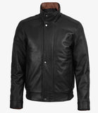 MEN'S BLACK & COGNAC HIGH COLLAR LEATHER JACKET