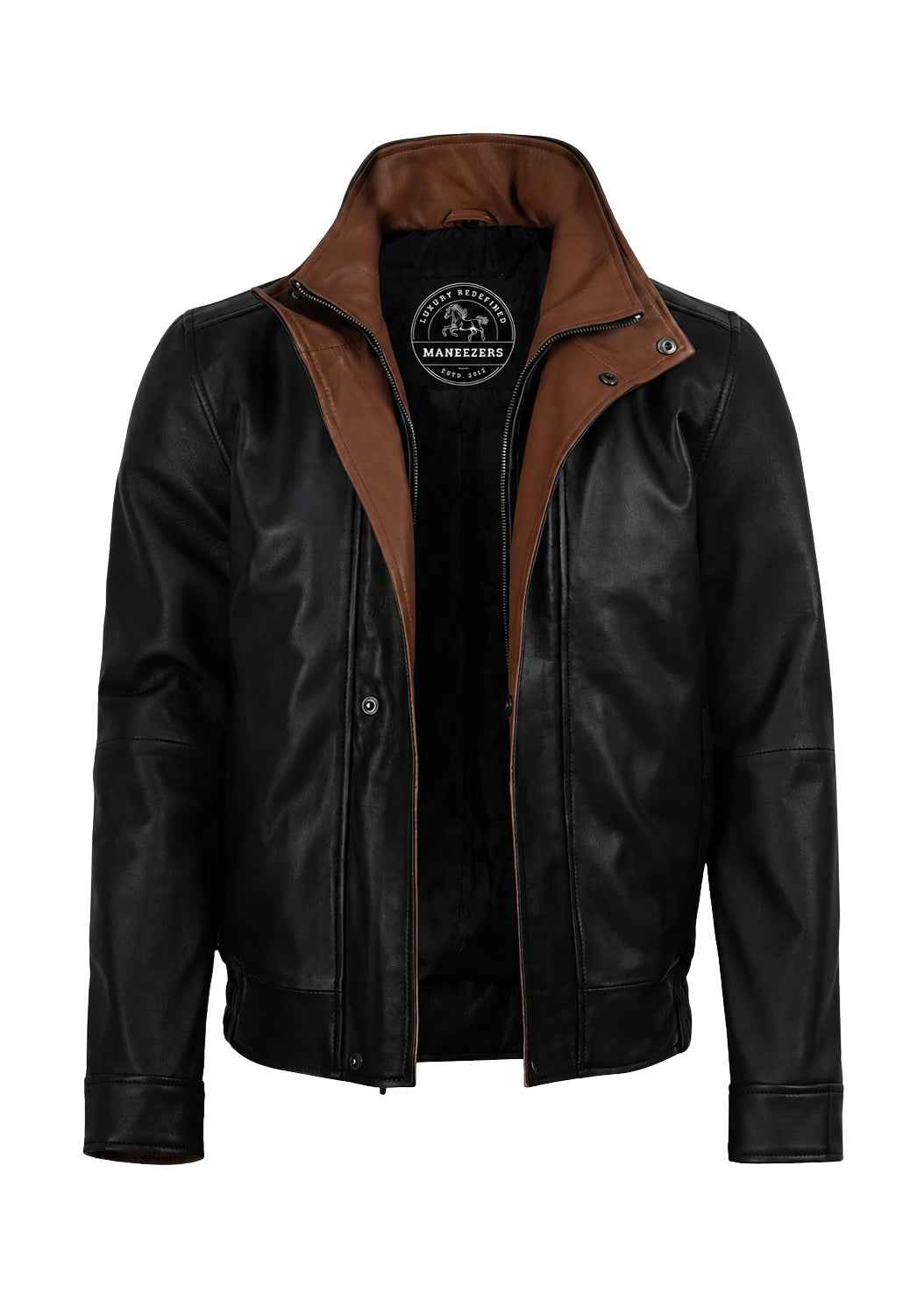 MEN'S BLACK & COGNAC HIGH COLLAR LEATHER JACKET