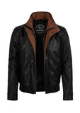 MEN'S BLACK & COGNAC HIGH COLLAR LEATHER JACKET