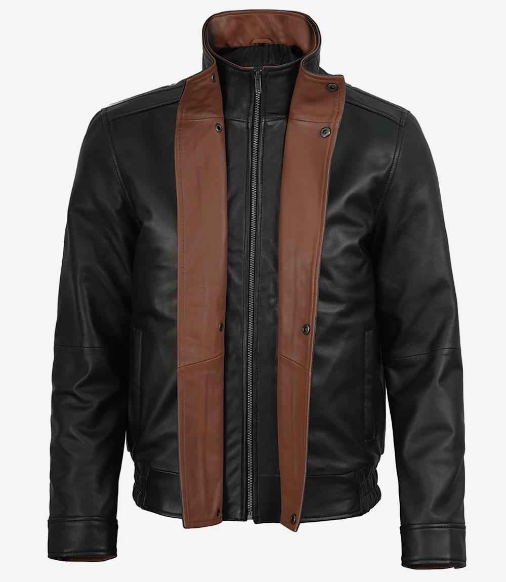 MEN'S BLACK & COGNAC HIGH COLLAR LEATHER JACKET