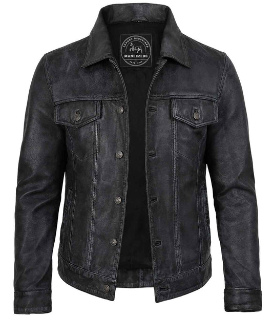 MEN'S CLASSIC BLACK LEATHER TRUCKER JACKET