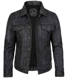 MEN'S CLASSIC BLACK LEATHER TRUCKER JACKET