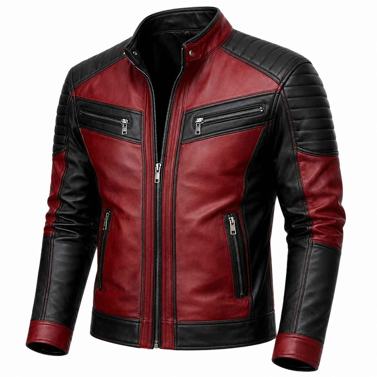 MEN'S RED AND BLACK LEATHER BIKER JACKET