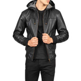 MEN'S NINTENZO BLACK HOODED LEATHER JACKET