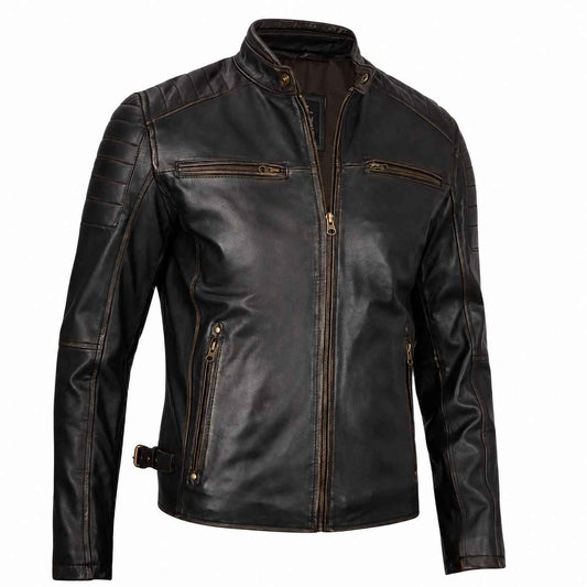 MEN’S CAFE RACER DISTRESSED BROWN LEATHER JACKET