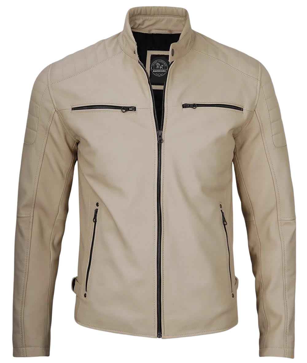 MEN’S CAFE RACER BEIGE LEATHER JACKET