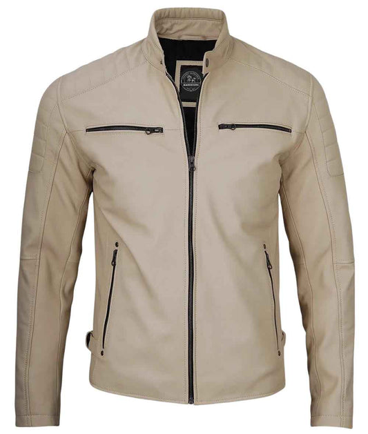 MEN’S CAFE RACER BEIGE LEATHER JACKET