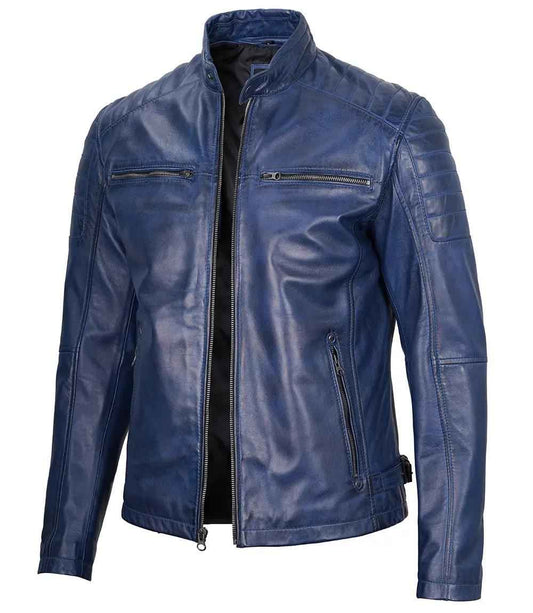 MEN’S CAFE RACER BLUE LEATHER JACKET
