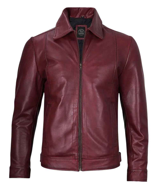 MEN'S BURGUNDY CLASSIC SHIRT COLLAR LEATHER JACKET