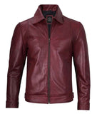 MEN'S BURGUNDY CLASSIC SHIRT COLLAR LEATHER JACKET