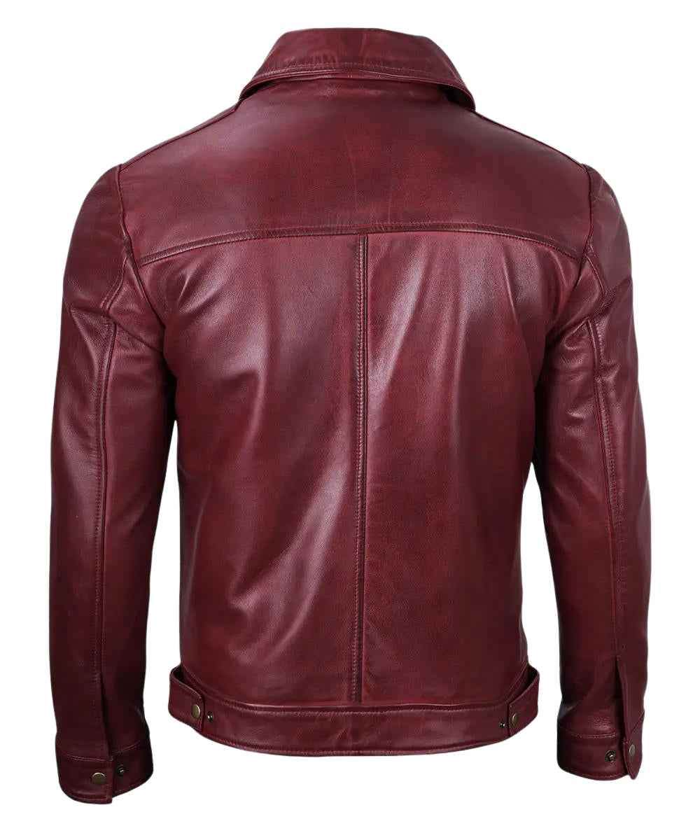 MEN'S BURGUNDY CLASSIC SHIRT COLLAR LEATHER JACKET