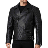 MEN'S BLACK LEATHER QUILTED SHOULDER BIKER JACKET