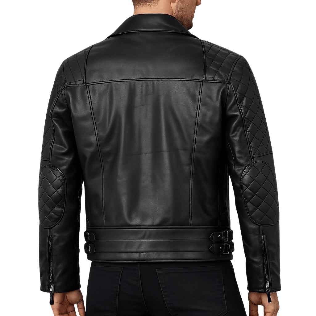 MEN'S BLACK LEATHER QUILTED SHOULDER BIKER JACKET