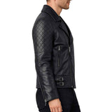 MEN'S BLACK LEATHER QUILTED SHOULDER BIKER JACKET