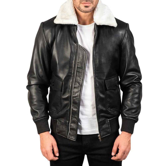 MEN’S AIRIN G-1 BLACK & WHITE FAUX COLLAR LEATHER JACKET