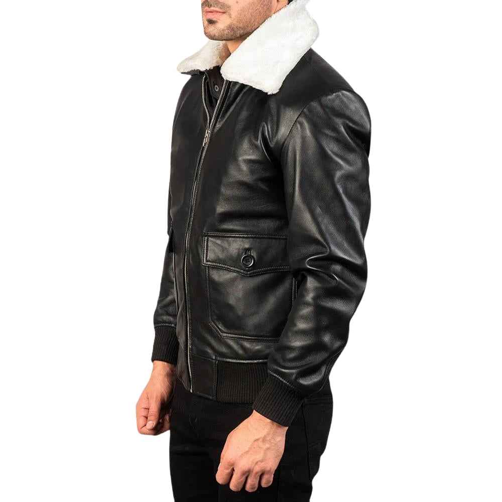 MEN’S AIRIN G-1 BLACK & WHITE FAUX COLLAR LEATHER JACKET