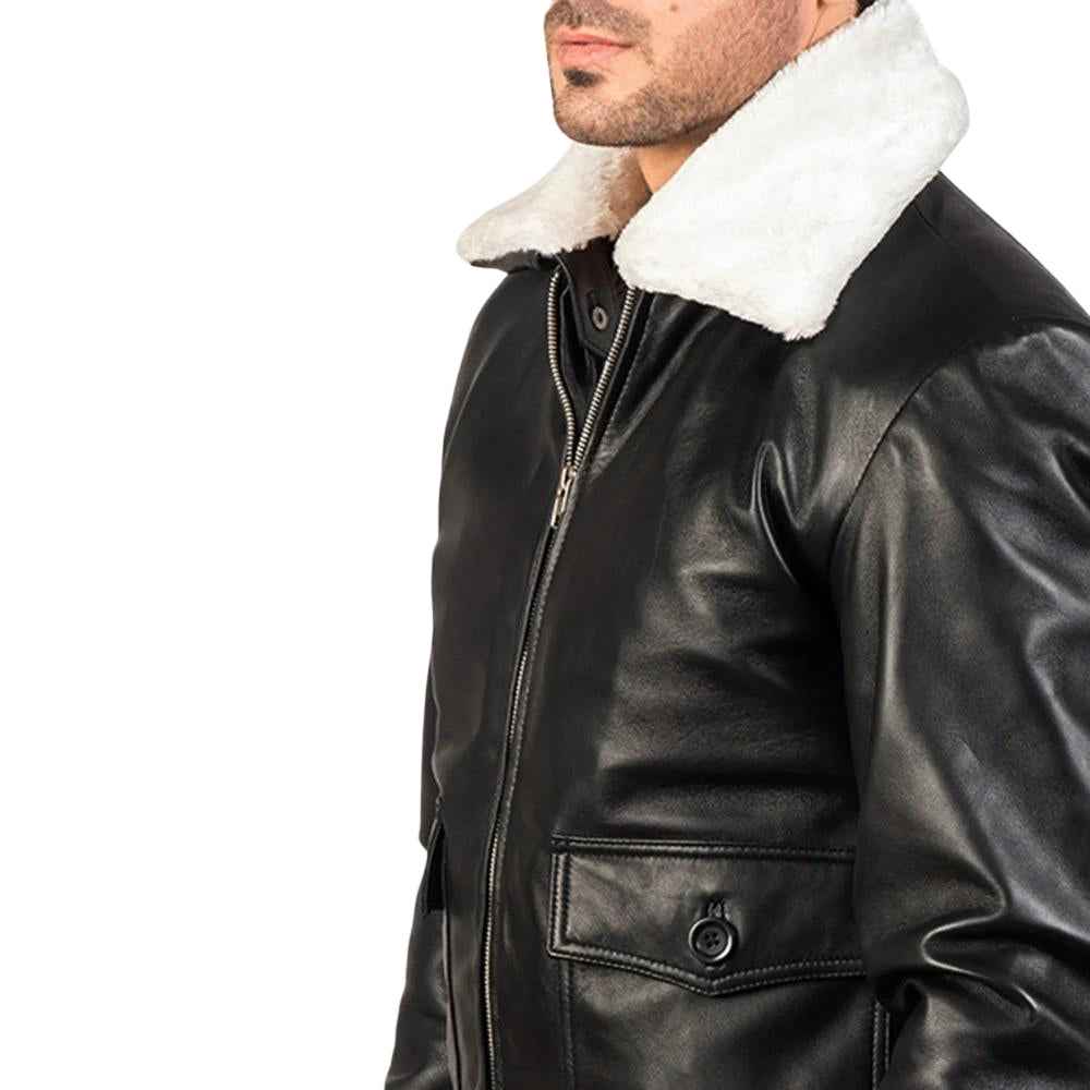 MEN’S AIRIN G-1 BLACK & WHITE FAUX COLLAR LEATHER JACKET