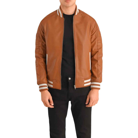 MEN'S TAN BROWN LEATHER VARSITY JACKET