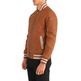 MEN'S TAN BROWN LEATHER VARSITY JACKET