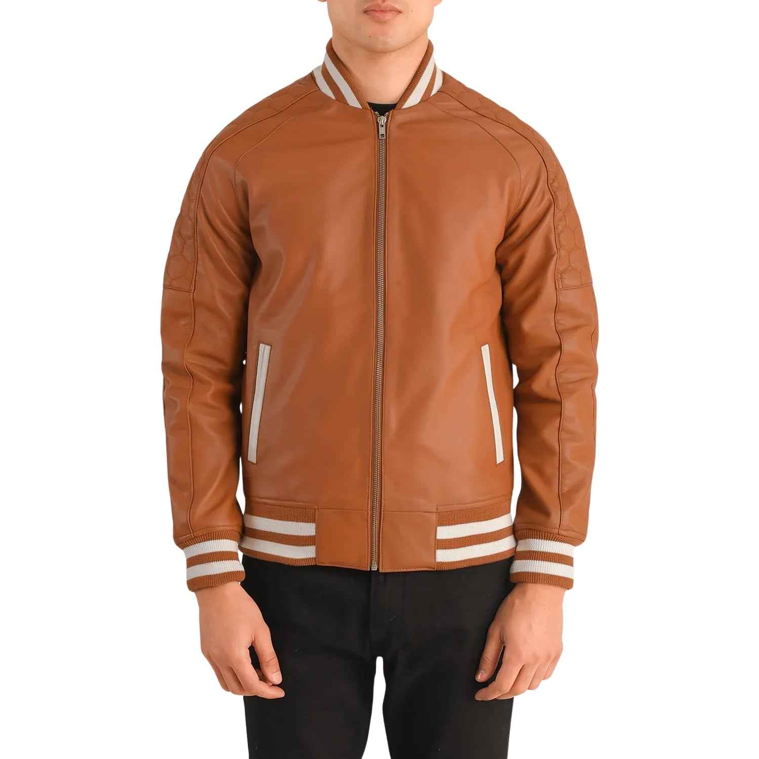 MEN'S TAN BROWN LEATHER VARSITY JACKET