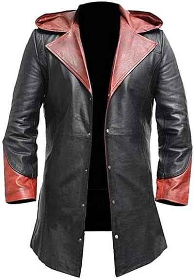MEN'S HOODED TWO-TONE BLACK AND RED LEATHER TRENCH COAT