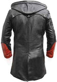 MEN'S HOODED TWO-TONE BLACK AND RED LEATHER TRENCH COAT
