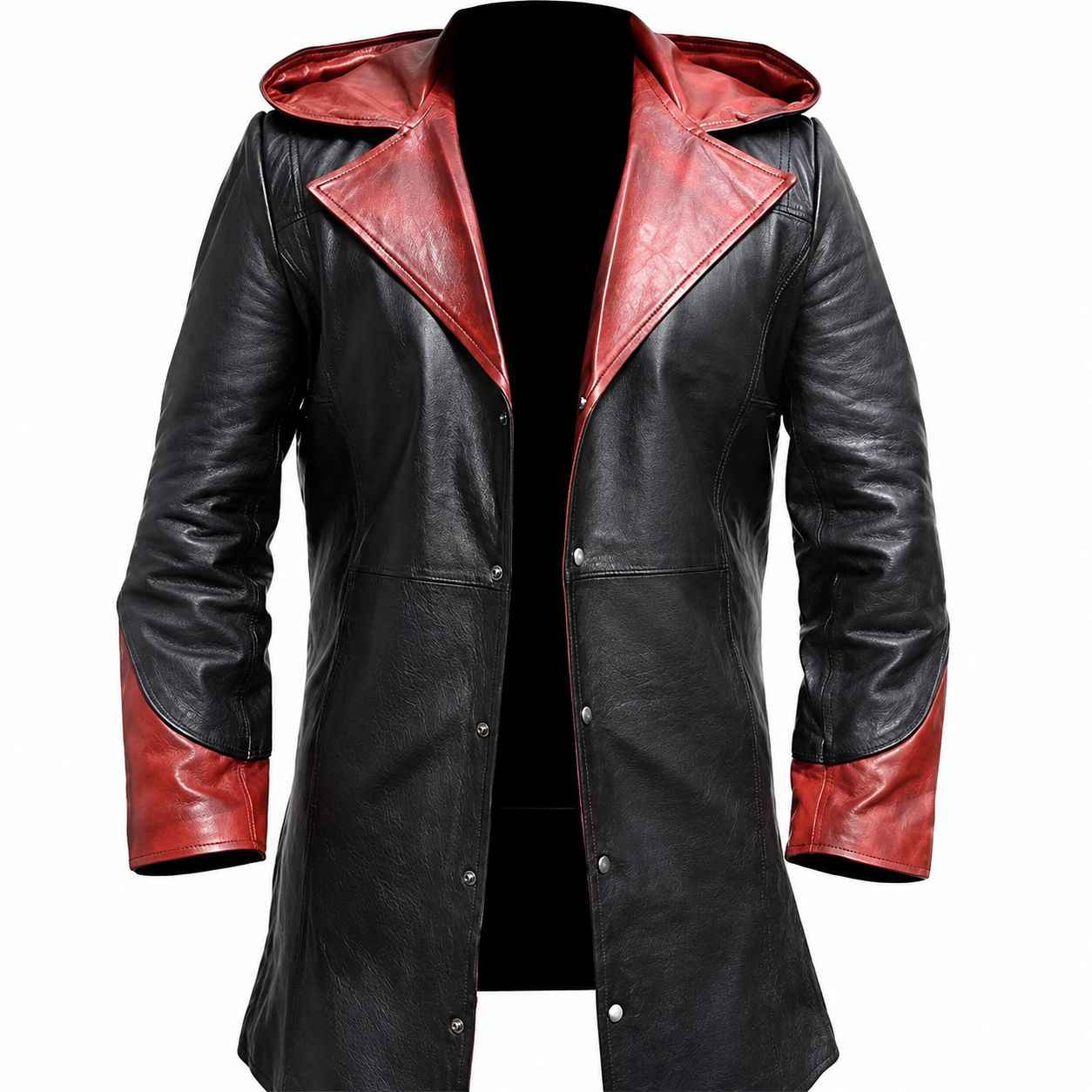 MEN'S HOODED TWO-TONE BLACK AND RED LEATHER TRENCH COAT