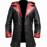 MEN'S HOODED TWO-TONE BLACK AND RED LEATHER TRENCH COAT