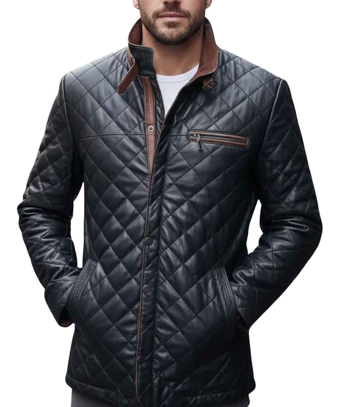 MEN'S QUILTED BLACK LEATHER JACKET WITH BROWN COLLAR