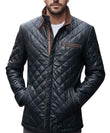 MEN'S QUILTED BLACK LEATHER JACKET WITH BROWN COLLAR