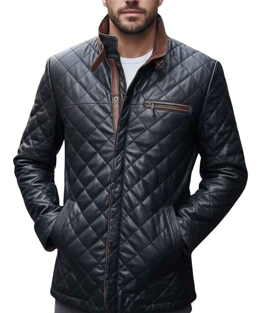 MEN'S QUILTED BLACK LEATHER JACKET WITH BROWN COLLAR