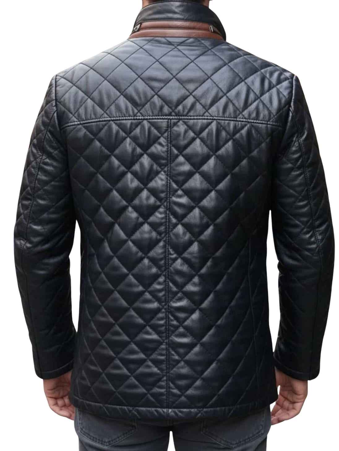 MEN'S QUILTED BLACK LEATHER JACKET WITH BROWN COLLAR