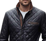 MEN'S QUILTED BLACK LEATHER JACKET WITH BROWN COLLAR