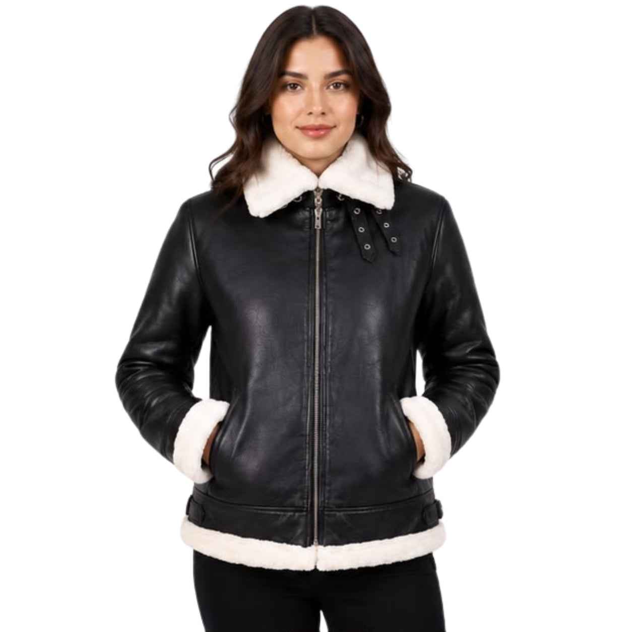 WOMEN'S BLACK LEATHER B3 SHEARLING BOMBER JACKET