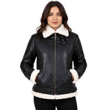 WOMEN'S BLACK LEATHER B3 SHEARLING BOMBER JACKET