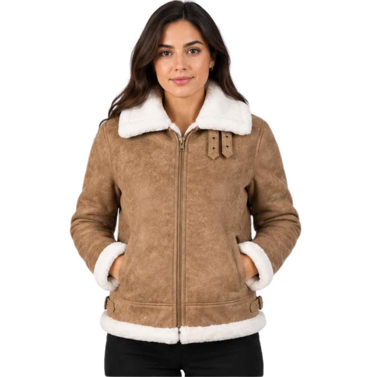 WOMEN'S TAN BROWN LEATHER B3 SHEARLING BOMBER JACKET