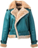 WOMEN'S TEAL LEATHER SHEARLING BOMBER JACKET