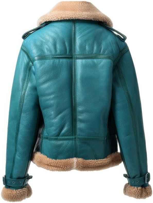 WOMEN'S TEAL LEATHER SHEARLING BOMBER JACKET