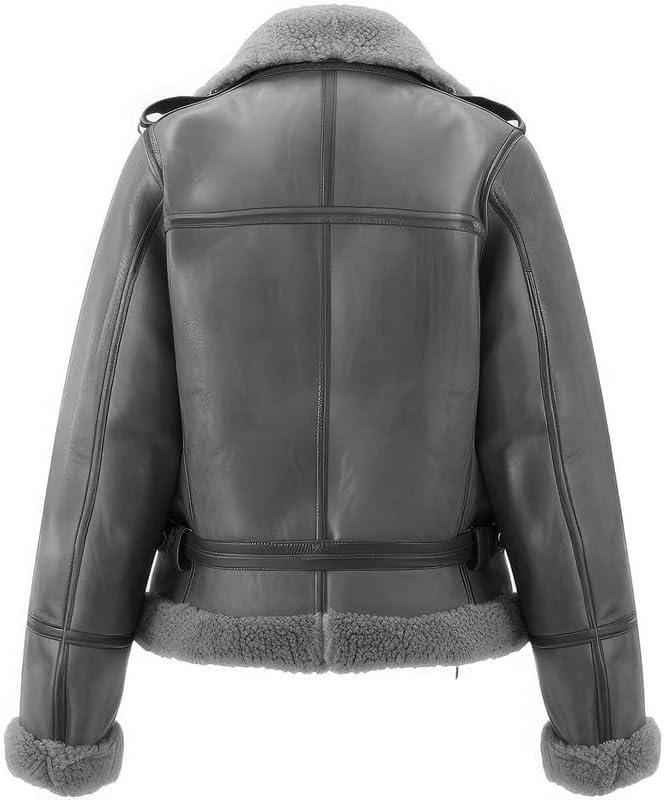 WOMEN'S GREY LEATHER SHEARLING BOMBER JACKET