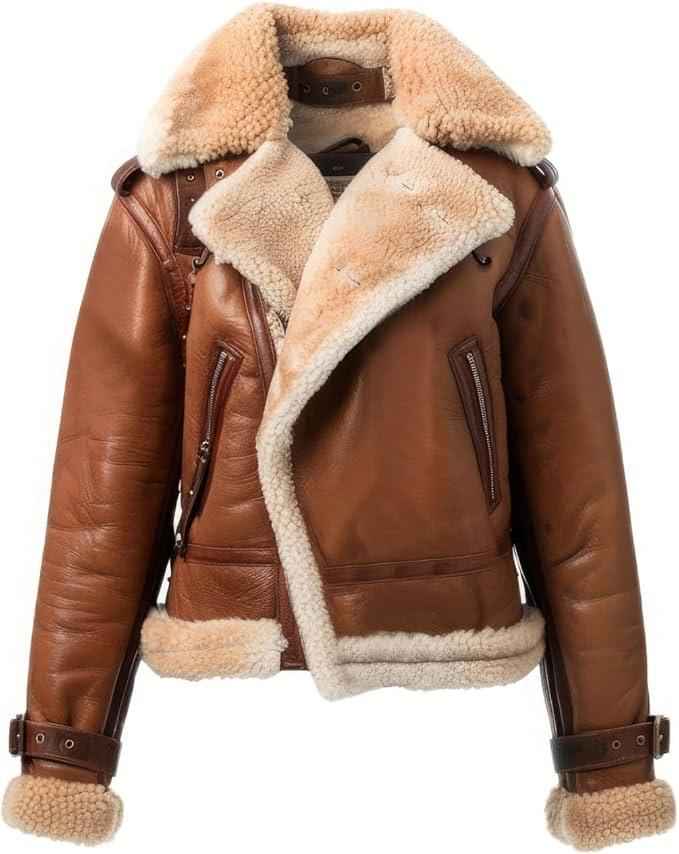 WOMEN'S BROWN LEATHER SHEARLING BOMBER JACKET