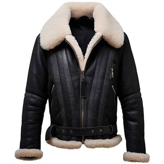 WOMEN'S BLACK LEATHER V-STRIPED SHEARLING BOMBER JACKET